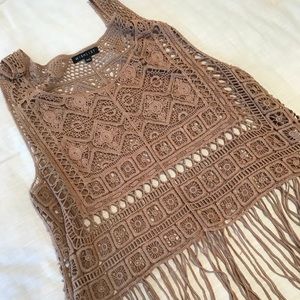 Camel Crochet Crop Top with Fringe